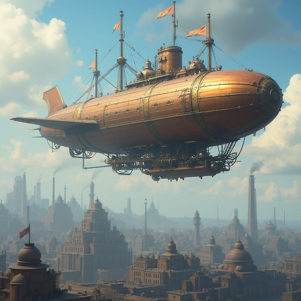 Steampunk Airship Soars Through Cloudy Skies with Intricate ...
