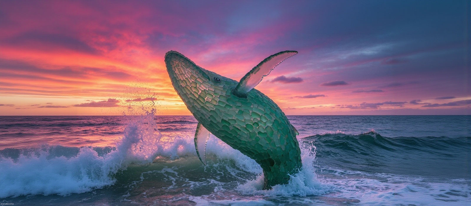 Sea Glass Whale Sculpture Amidst Sunset Waves