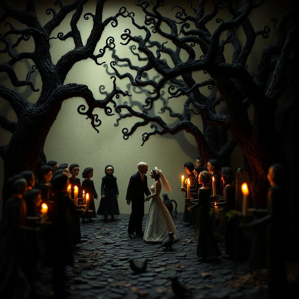 Macabre Wedding Scene in Whimsical, Dark Fantasy Style