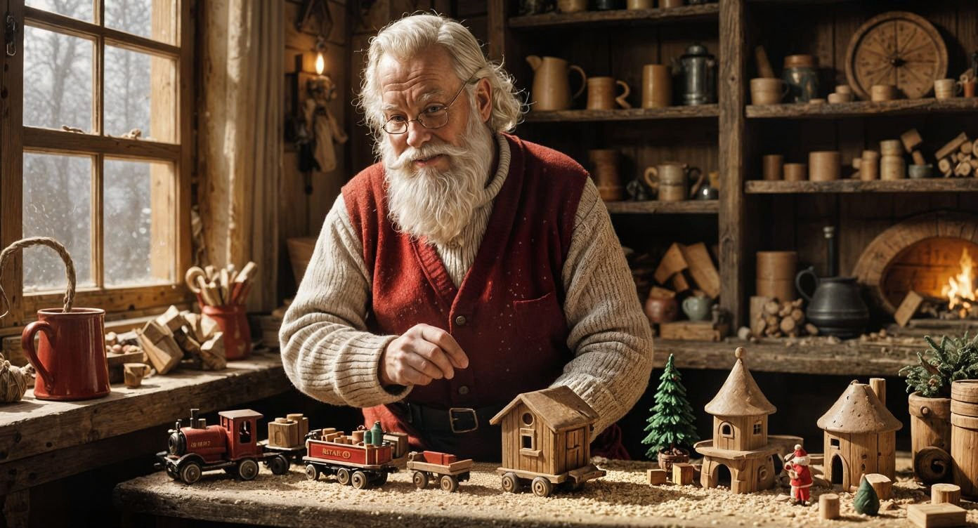 Santa Claus Crafts Toys in Cozy Workshop