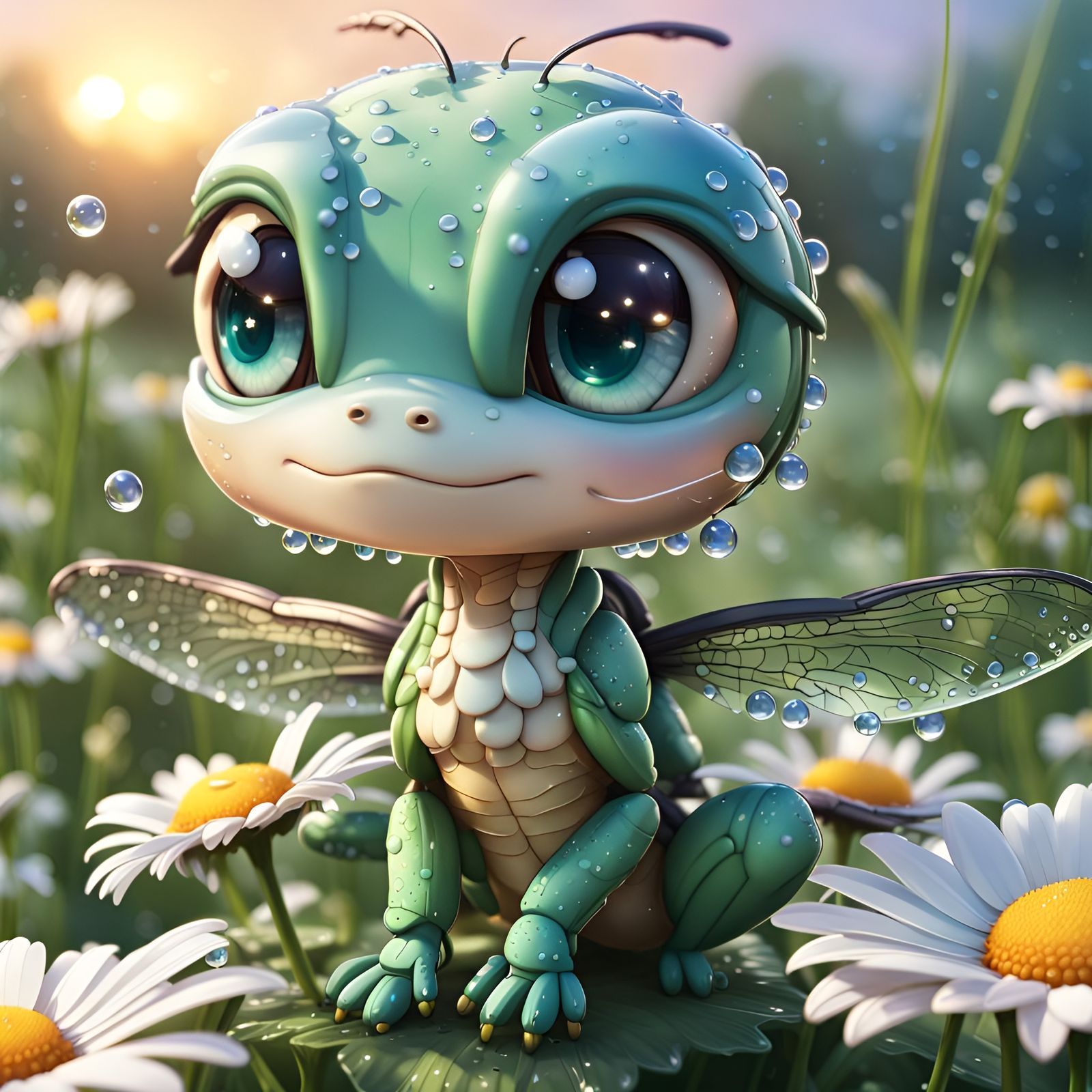 Chibi Dragonfly on Daisy in Anime Style