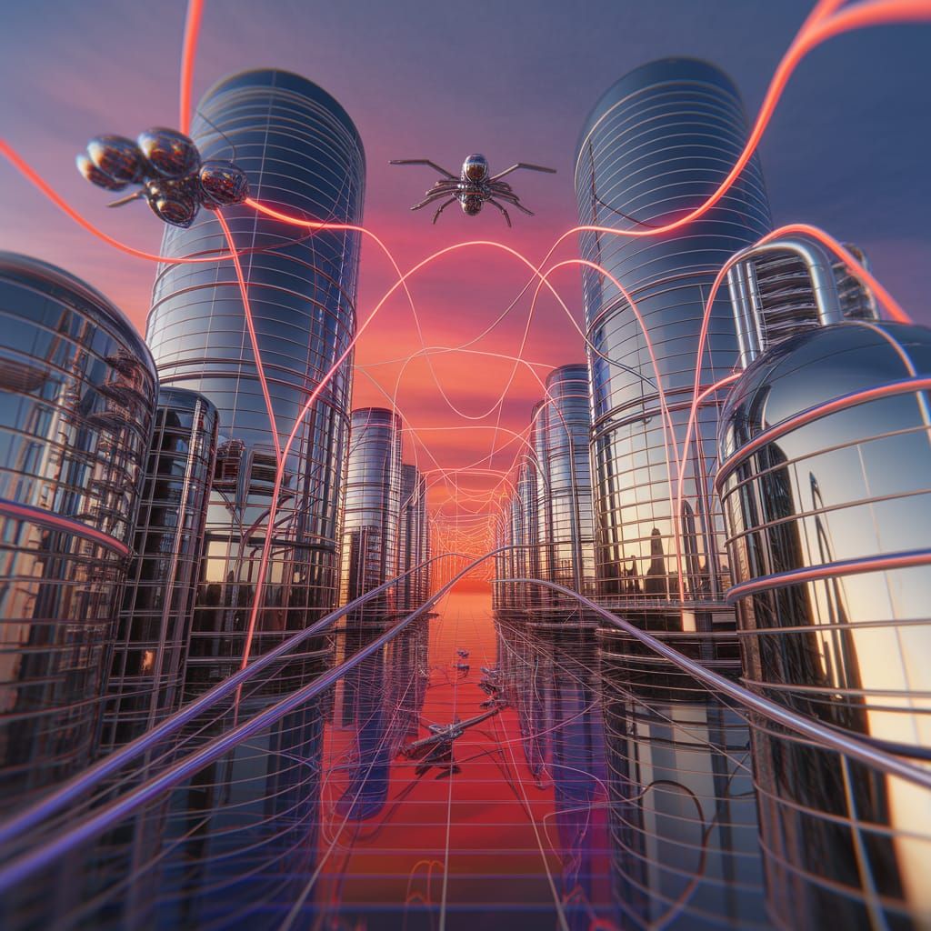 Retro-Futuristic Cityscape at Dusk with Neon Energy Conduits