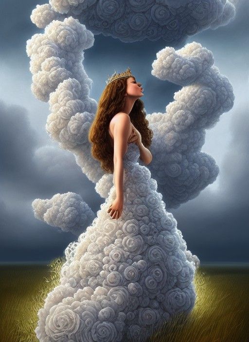 Queen in Cloud Dress: Hyperrealistic Digital Art