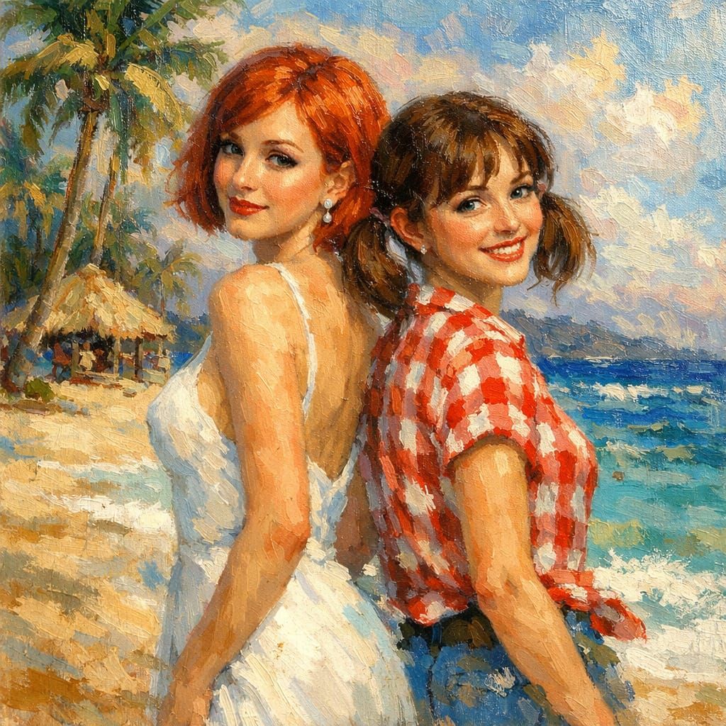 Impressionistic Oil Painting of Two Women on Tropical Beach
