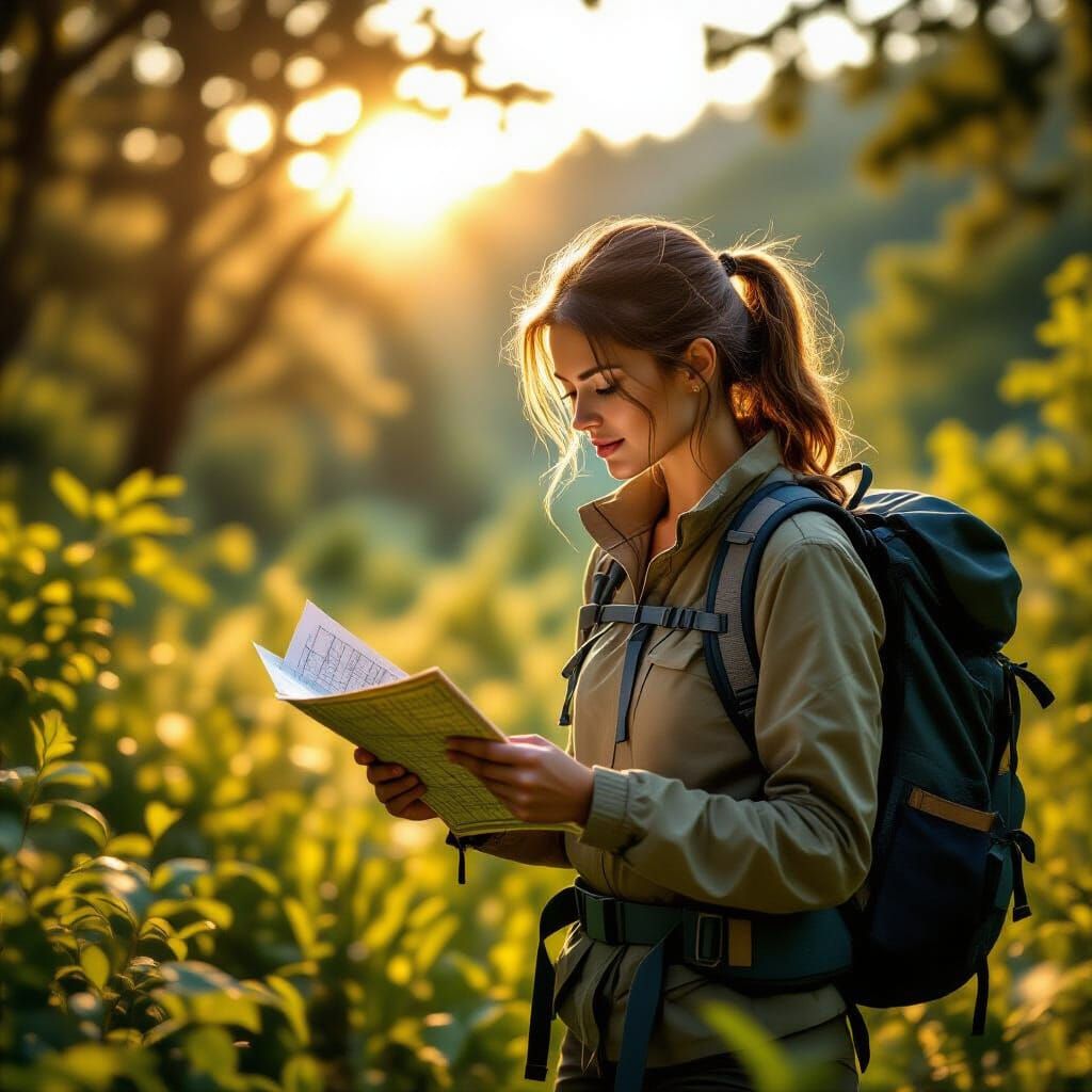 Woman Navigating National Park in Golden Hour Light