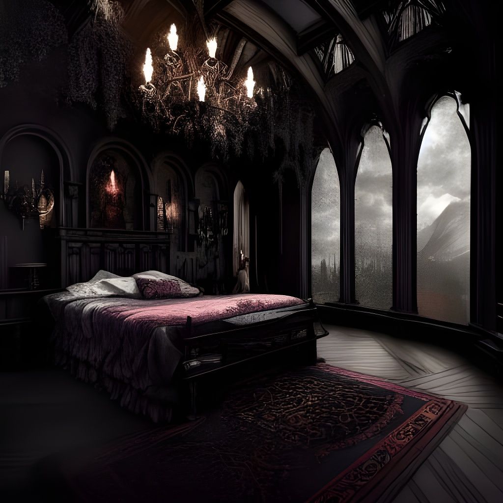 Dramatic Gothic Bedroom in Detailed Matte Painting Style