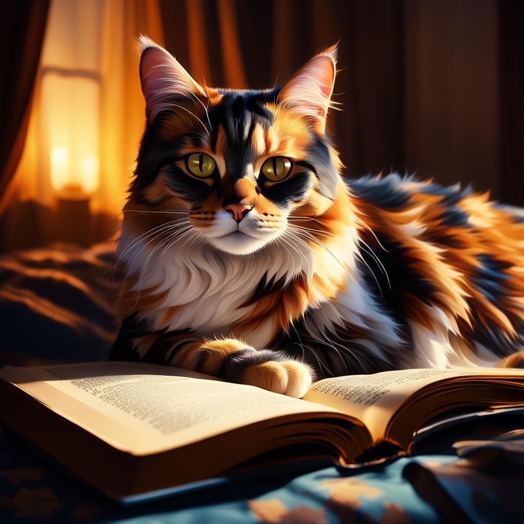 Calico Cat Reading Book: Hyper-Realistic Digital Painting