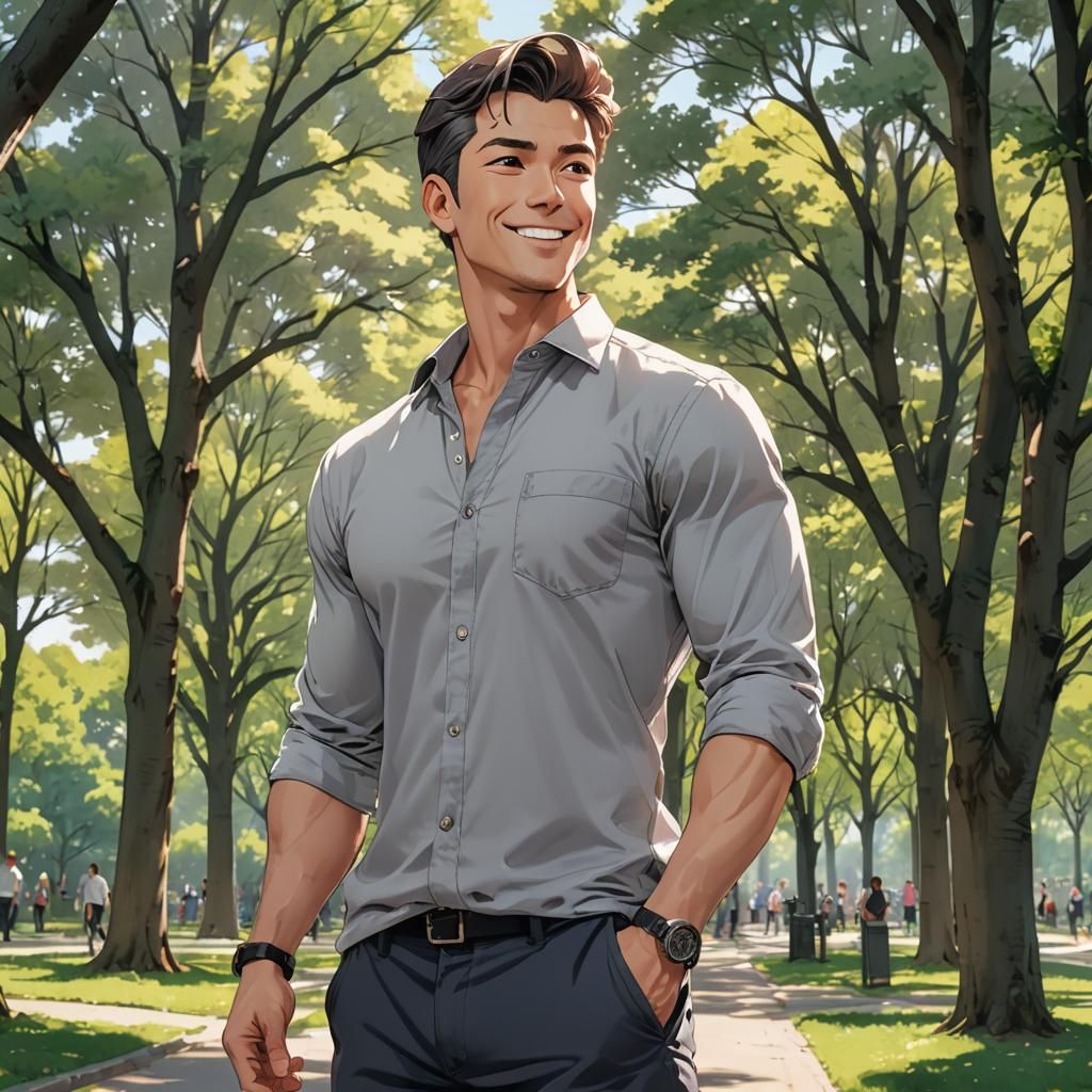 Smiling Man in Park, Cel-Shaded Style