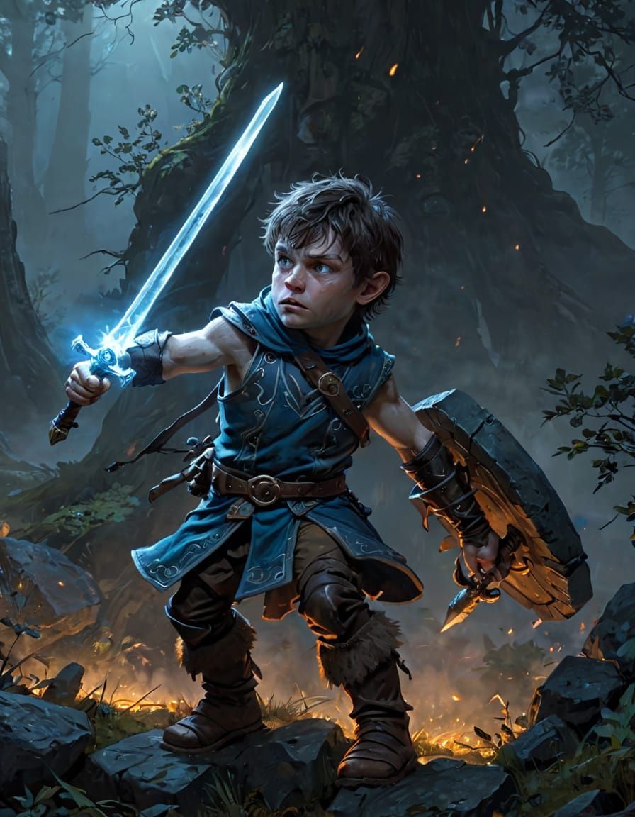 Halfling Warrior Stands Defiant with Magical Sword in Moonli...