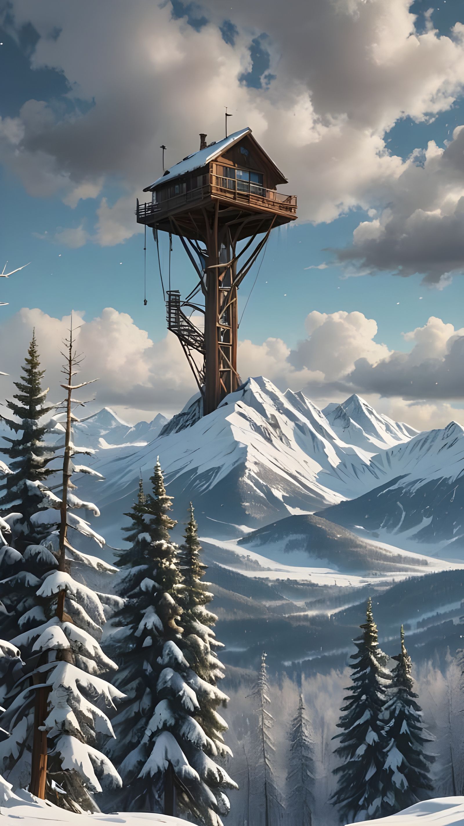Snowy Night Lookout: Detailed Matte Painting