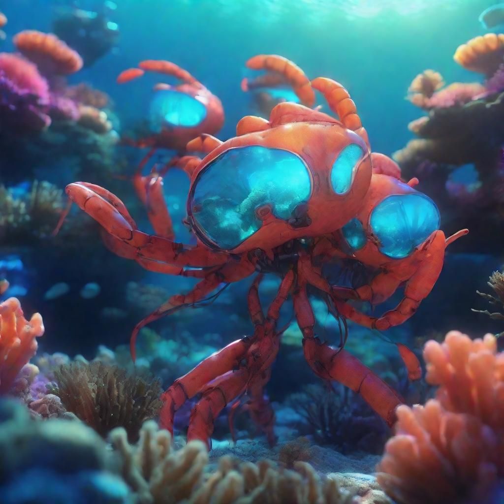 Anthropomorphic Prawns Explore Coral Reef in Digital Art