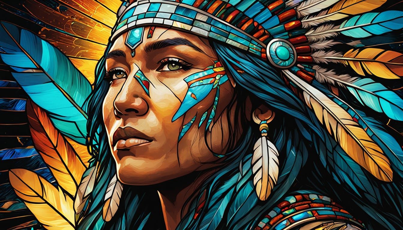 Stained Glass Portrait of a Native American Woman