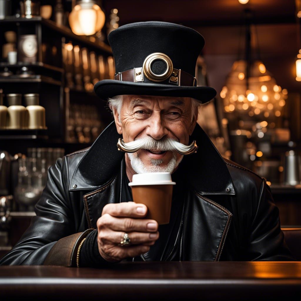 Steampunk Man Enjoying Espresso at Bar