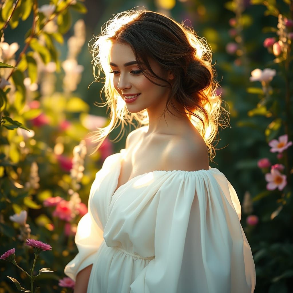 Serene Woman in Lush Garden, Whimsical Illustration