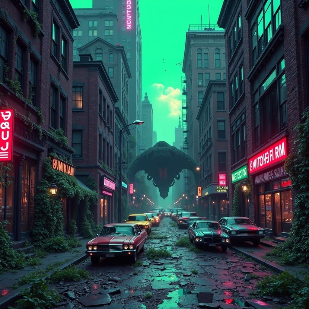 Eerie Ruins of Boston with Neon and Robots