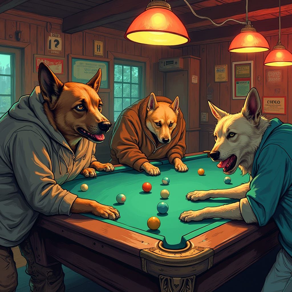 Dogs Play Pool: Gritty Whimsical Bar Scene