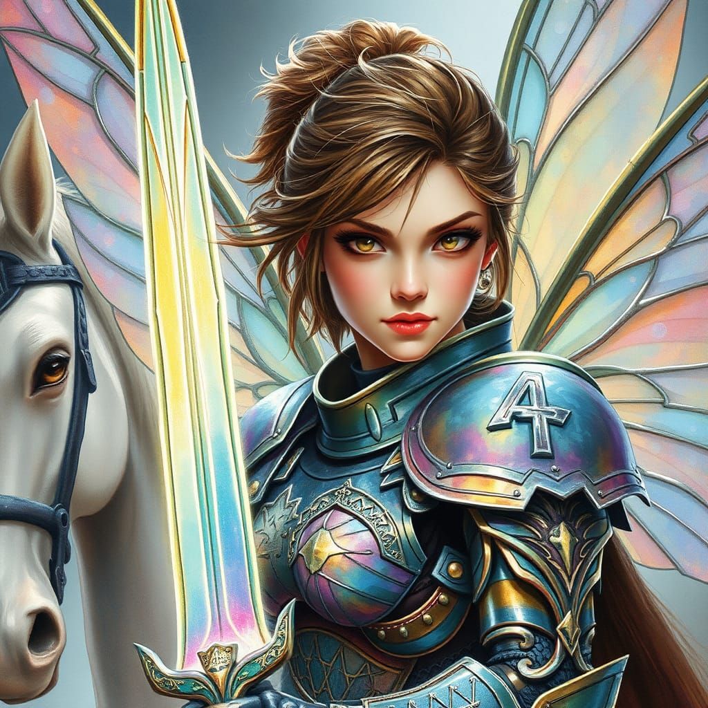 Warrior Fairy Portrait with Iridescent Armor in Watercolor