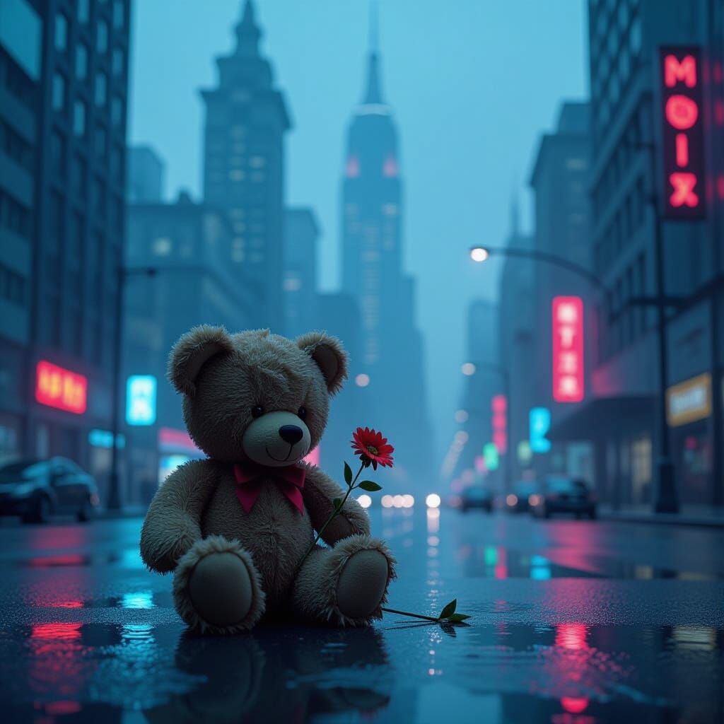 Tattered Teddy Bear on Neon Dystopian Street