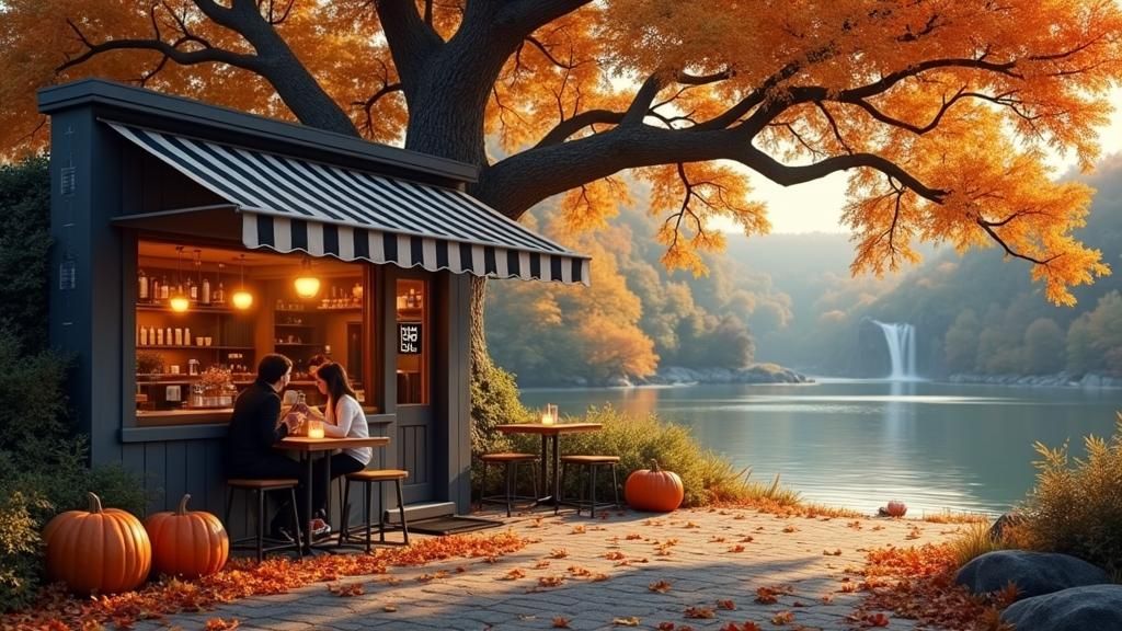 Autumn Coffee Shop by Waterfall in Hyperreal Style