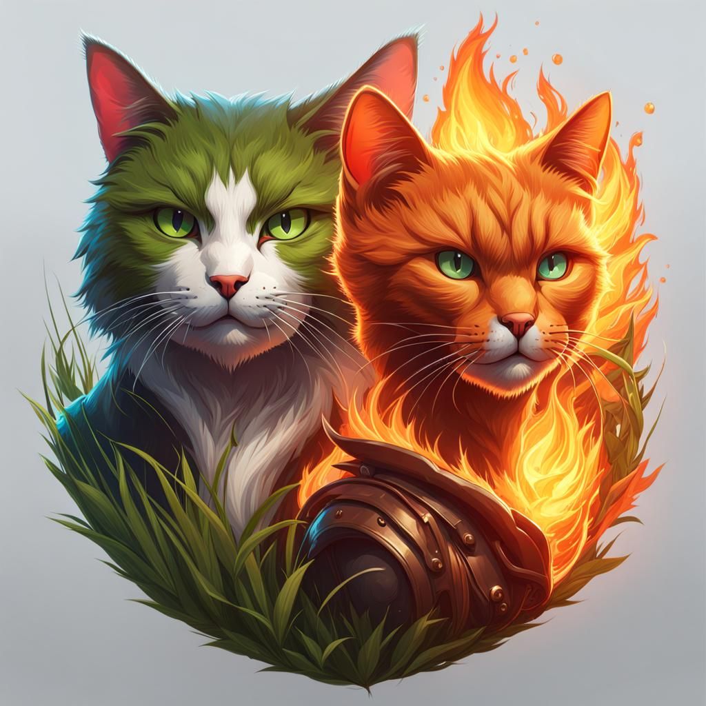 Grass Cat and Fire Cat Portrait in Hyperdetailed Style
