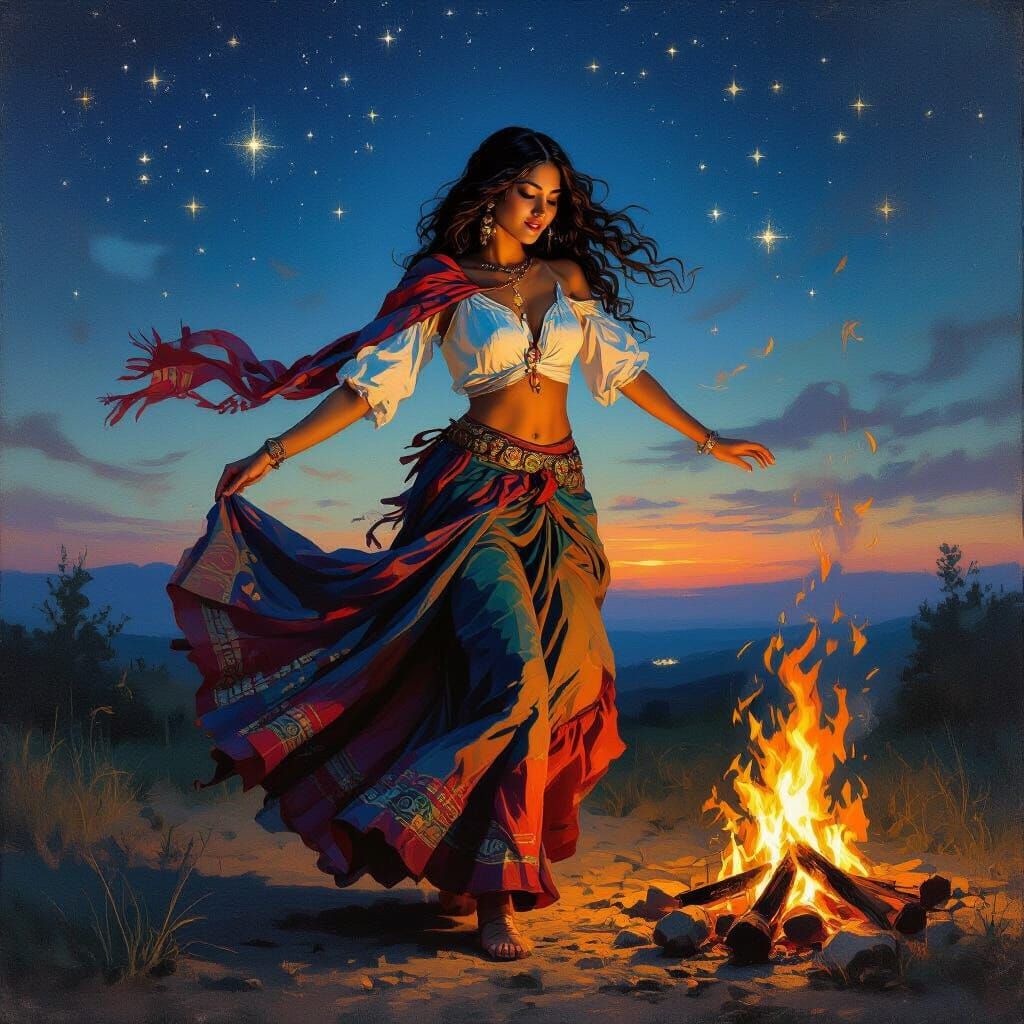Romani Woman Dancing by Campfire Under Starlit Sky
