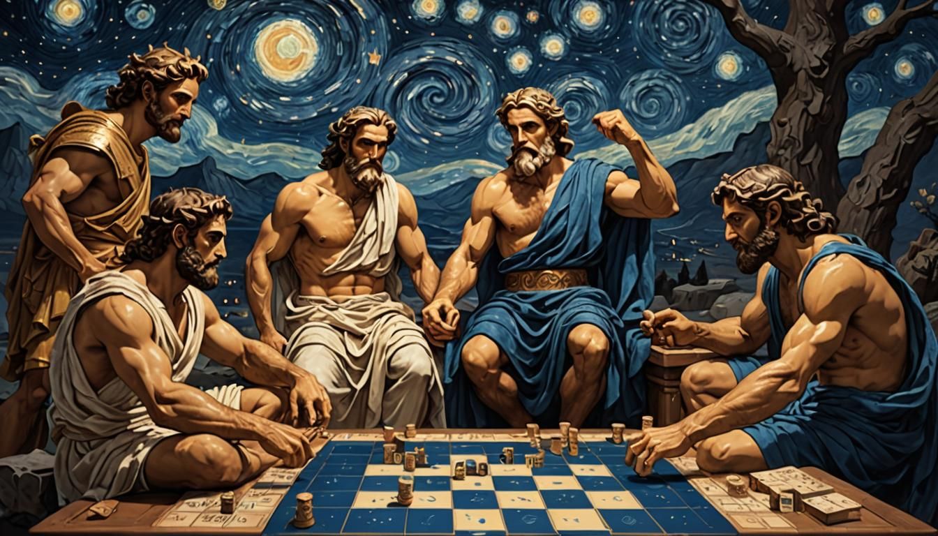 Realistic Greek Gods Play Board Game Under Stars