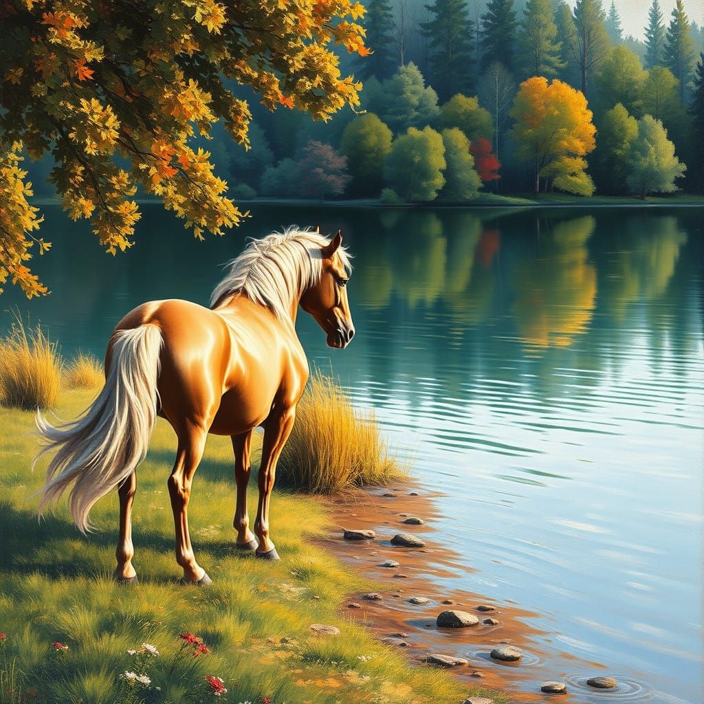 Majestic Horse in Serene Lake Landscape