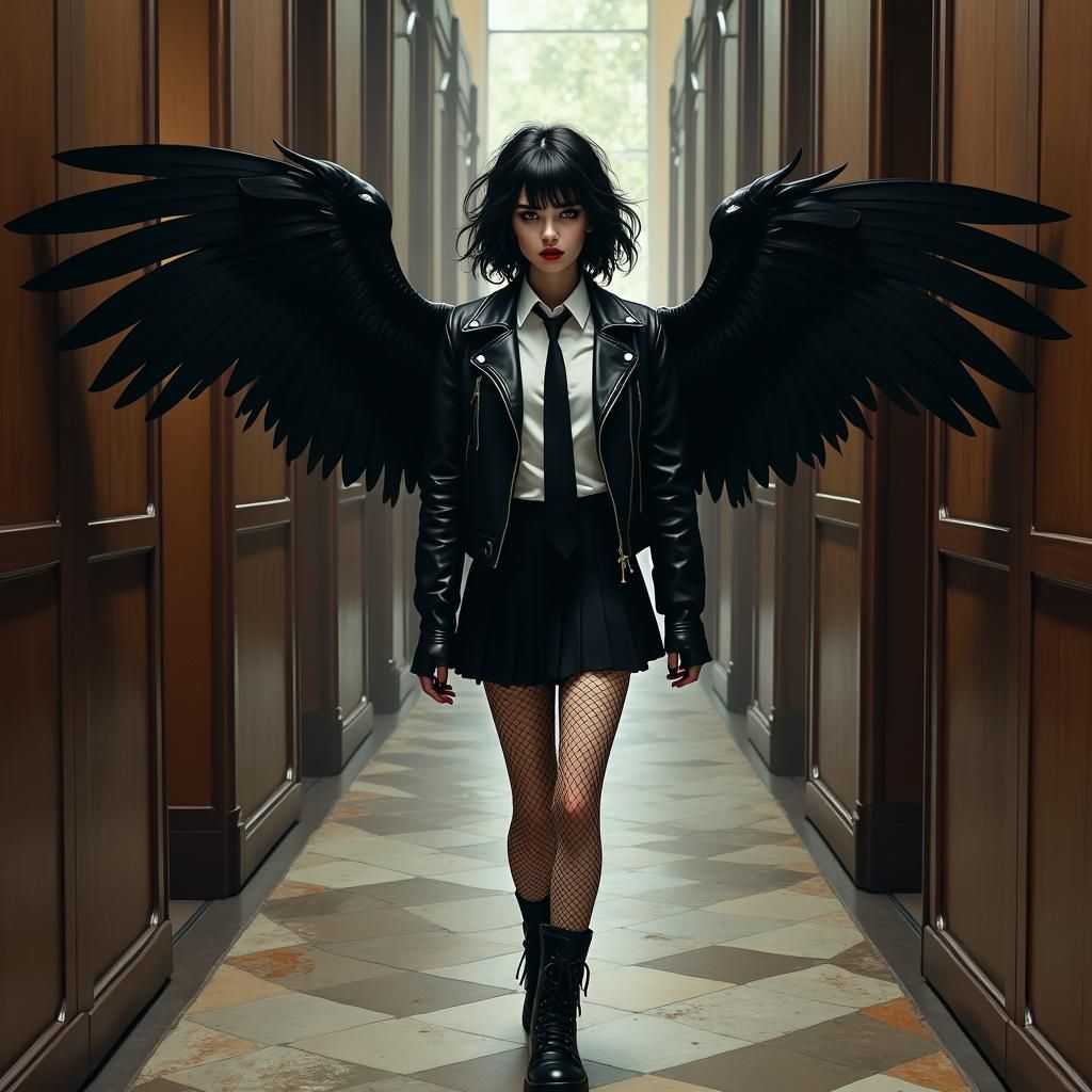Goth Girl with Crow Wings in Cyberpunk Style