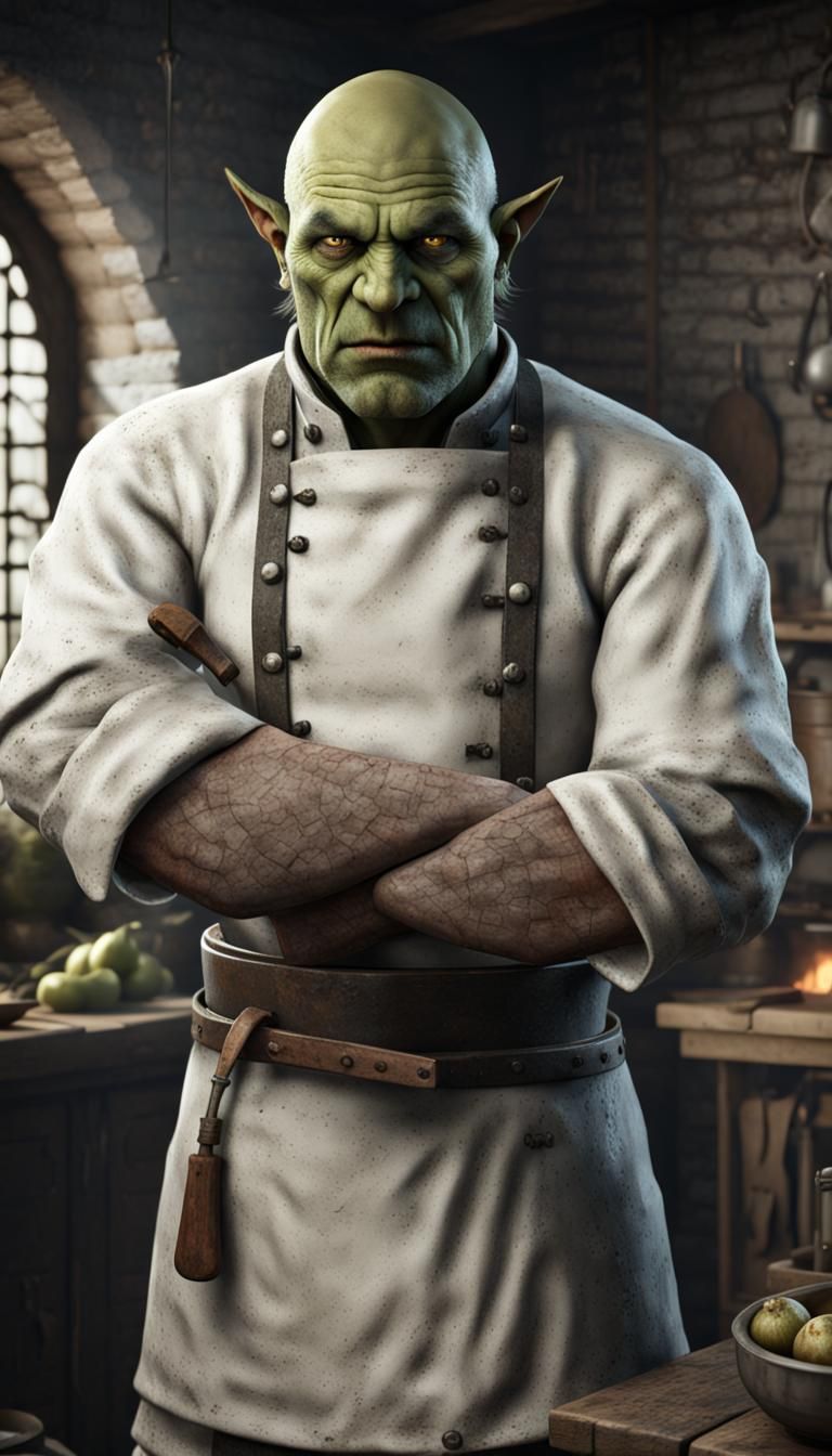 Orc Chef in Medieval Kitchen: Hyperrealistic Fantasy
