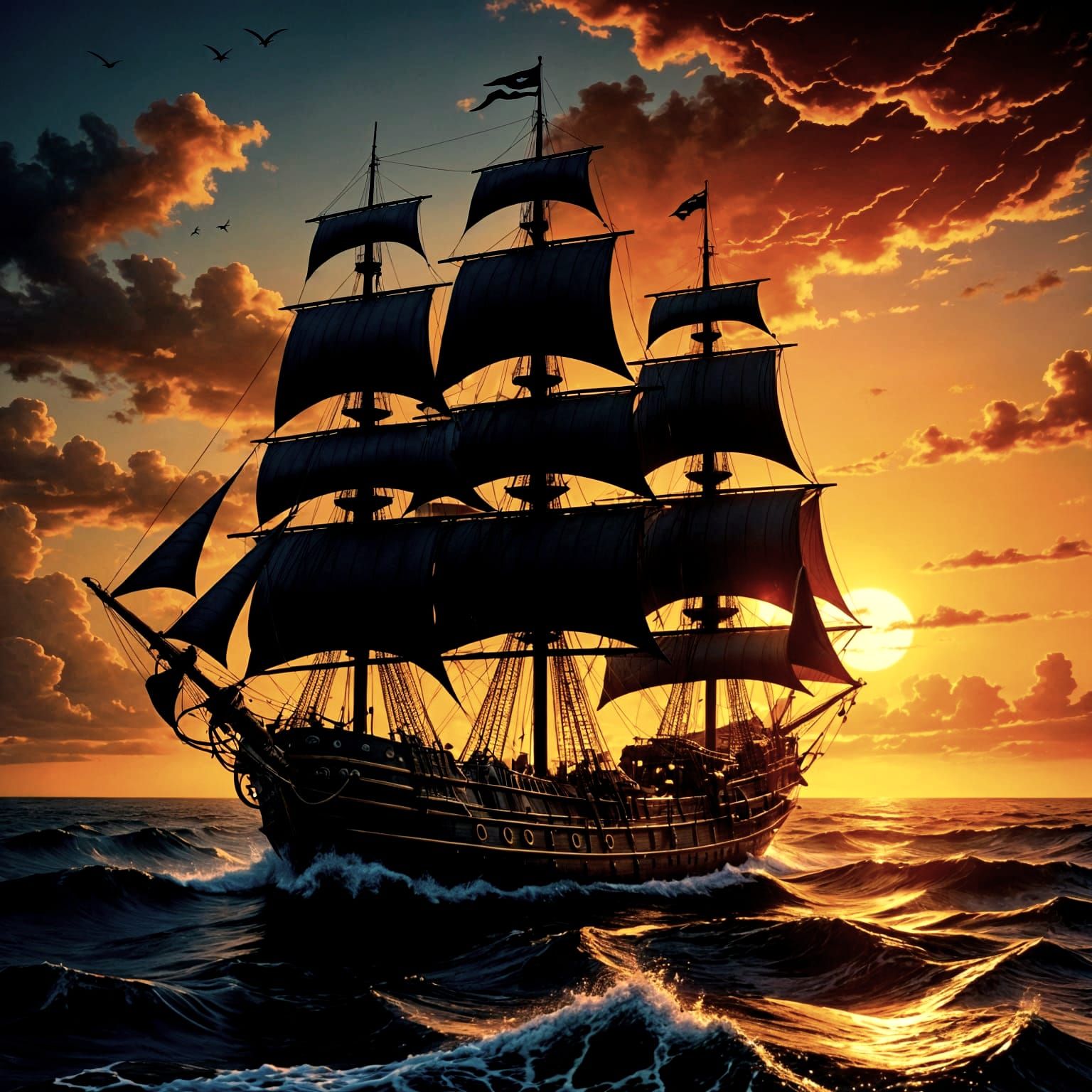 Surreal Sunset over the Pacific Ocean with a Pirate Ship