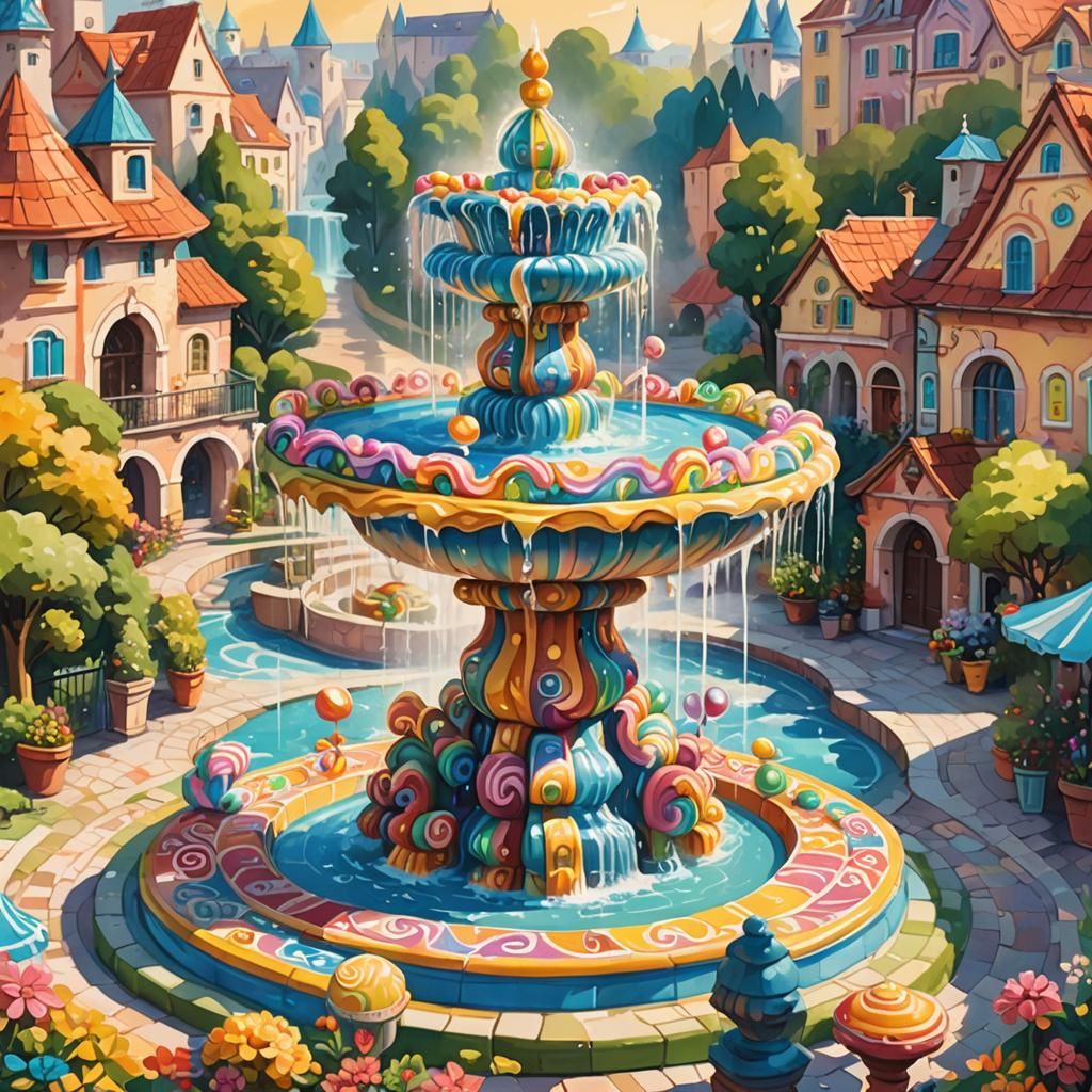 Candyland Fountain in Rousseau-Style Gouache