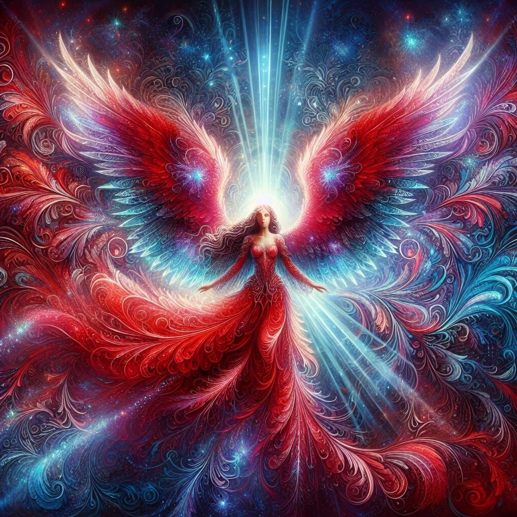 a beautiful crimsom red angel with glowing wings. filigree blue background, brilliantly lite