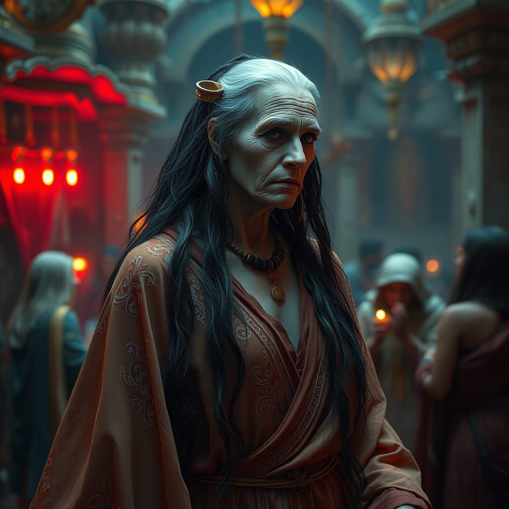 Ethereal Babylonian Courtesan Priestess with Weathered Skin