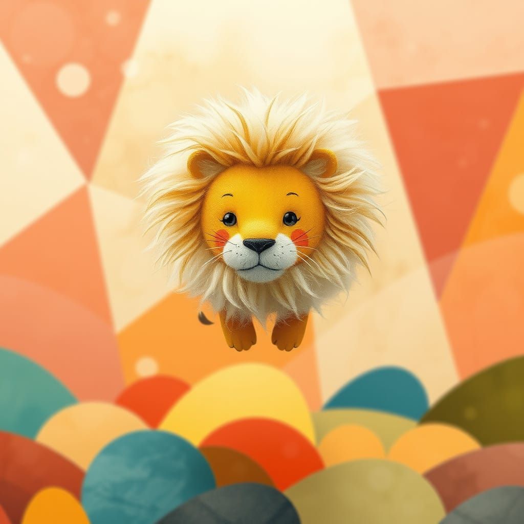 Fluffy Lion Floats on Breeze Above Abstract Shapes