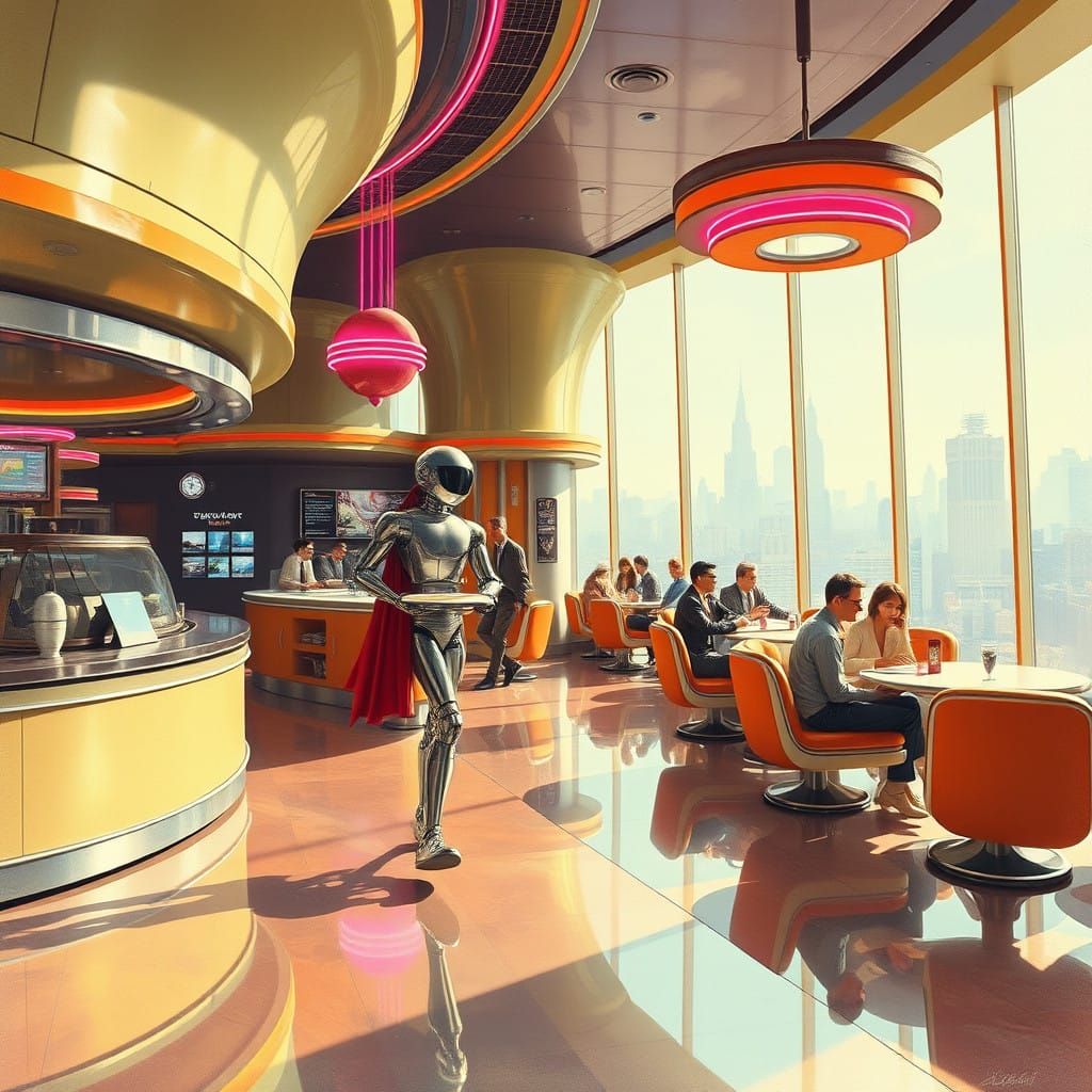 Retrofuturistic Cafe Basks in Neon Splendor