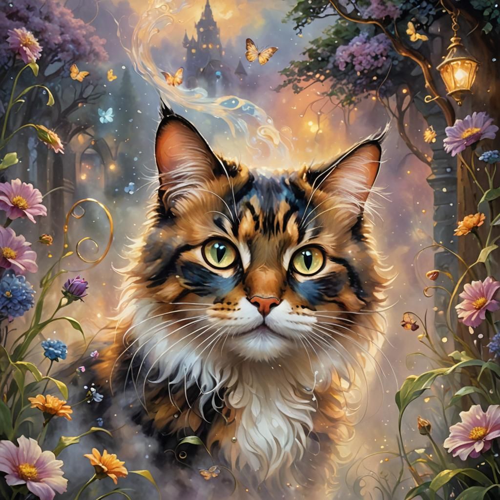 Calico Cat with Mouse, Alcohol Ink Fantasy Art