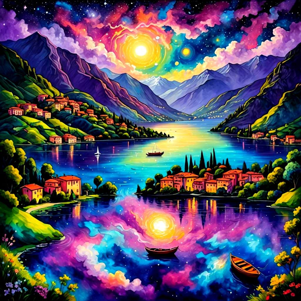 Lake Como Painting in Cosmic Holographic Style