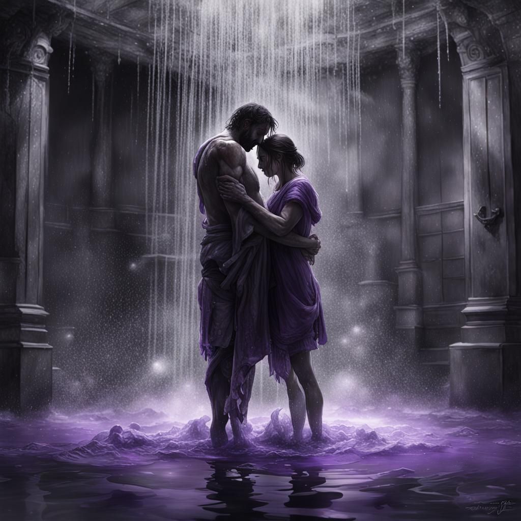 Couple in Shower: Black and White Watercolor