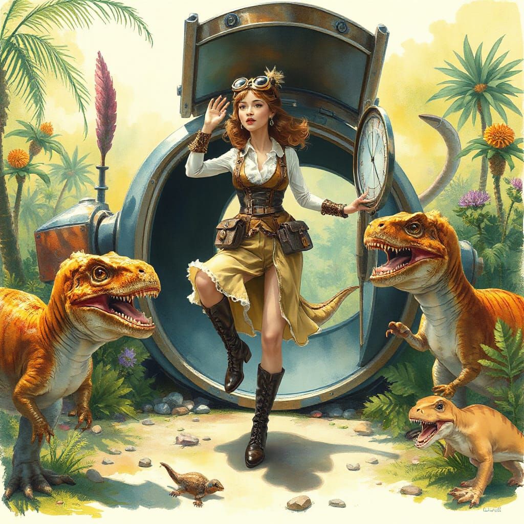 Steampunk Inventor's Prehistoric Surprise: Gouache and Water...