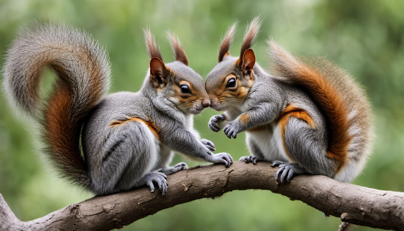 Two Fluffy Squirrels Cuddle on a Tree Branch