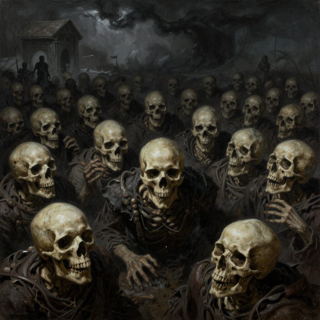 Army of Skulls in Dark Abyss, Dramatic Digital Painting