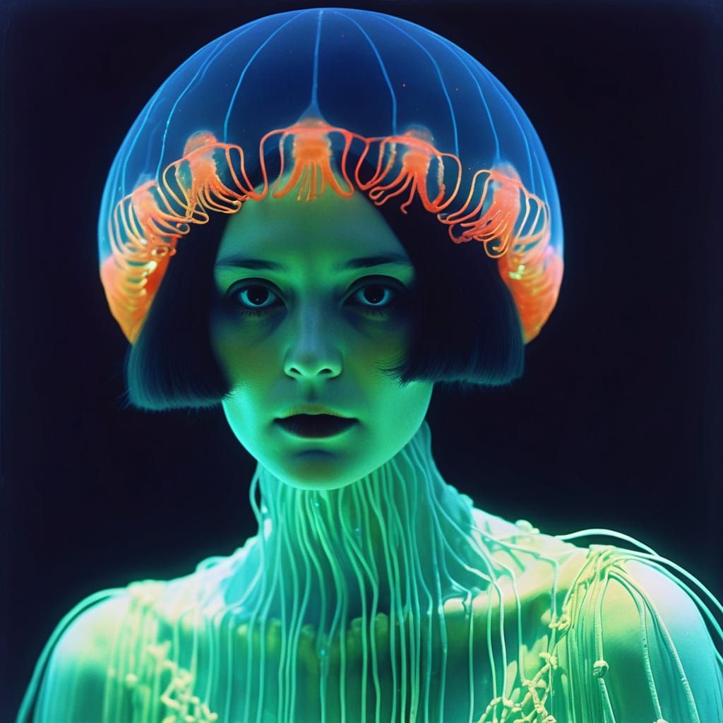 Neon Horror Jellyfish Woman in Autochrome Style