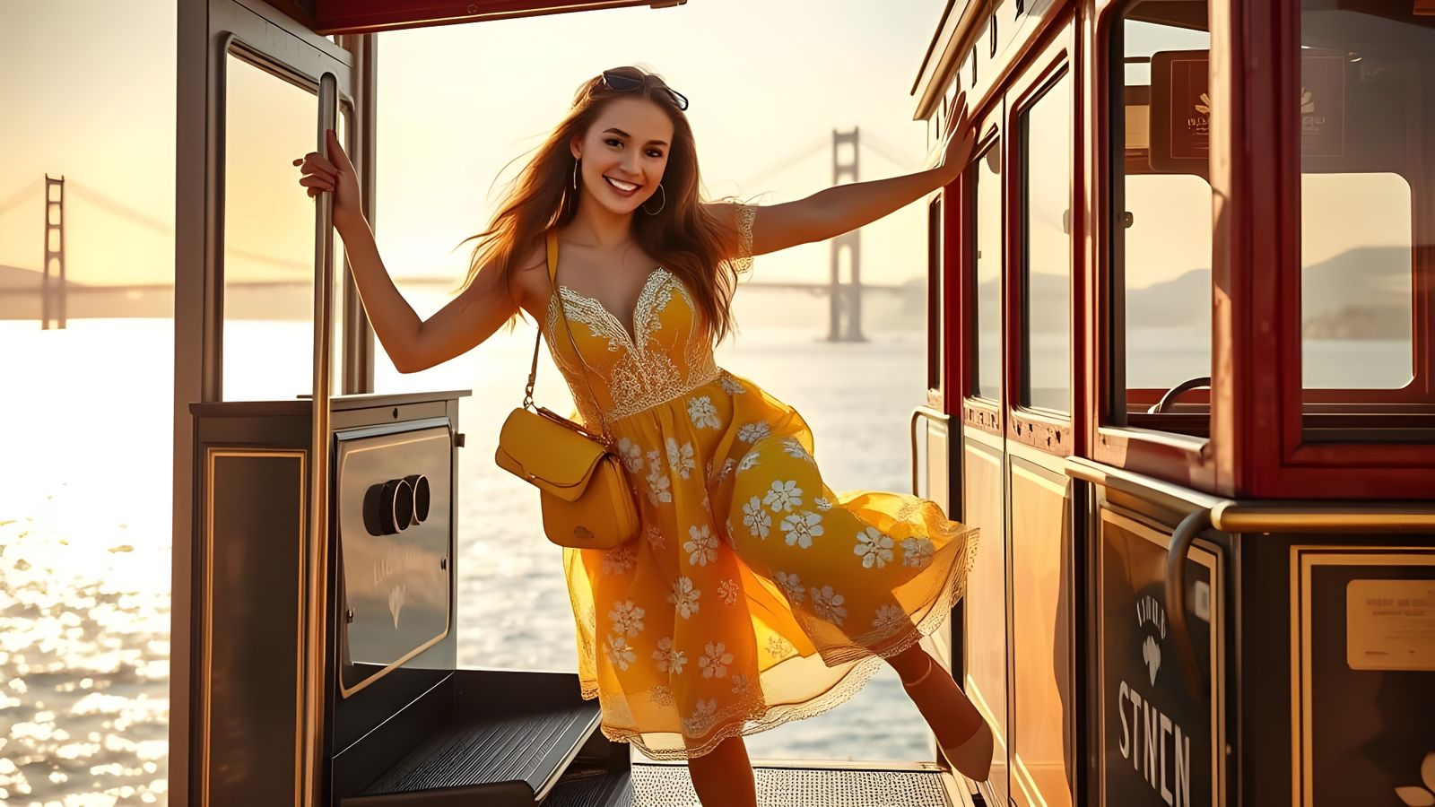 Elegant Woman Riding San Francisco Cable Car in Bright Yello...