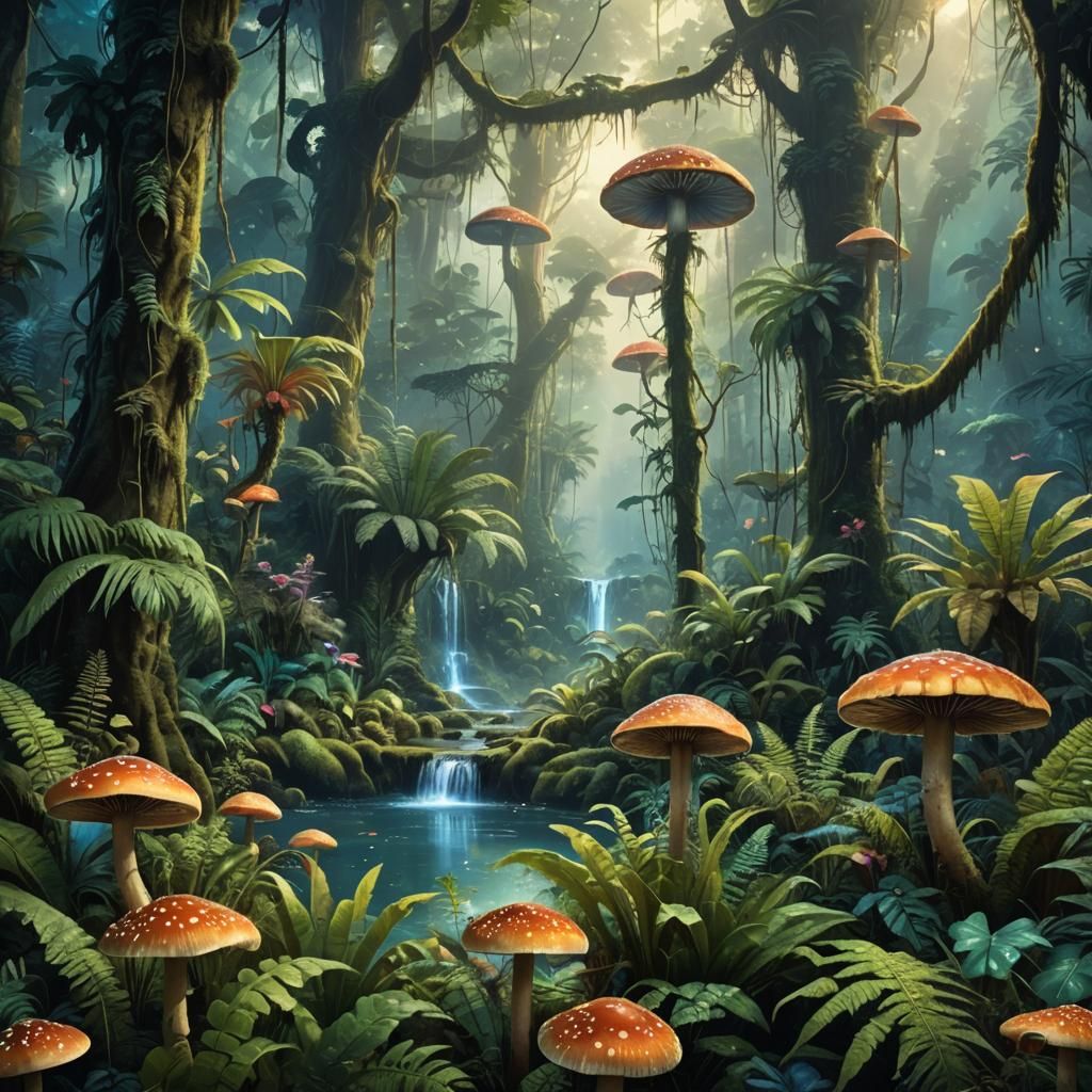 Lush Fantasy Rainforest with Glowing Waterfalls