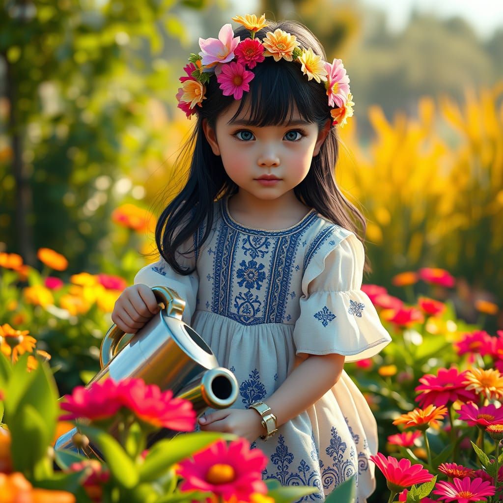 Girl in Sunlit Garden: Hyperrealistic 3D Art