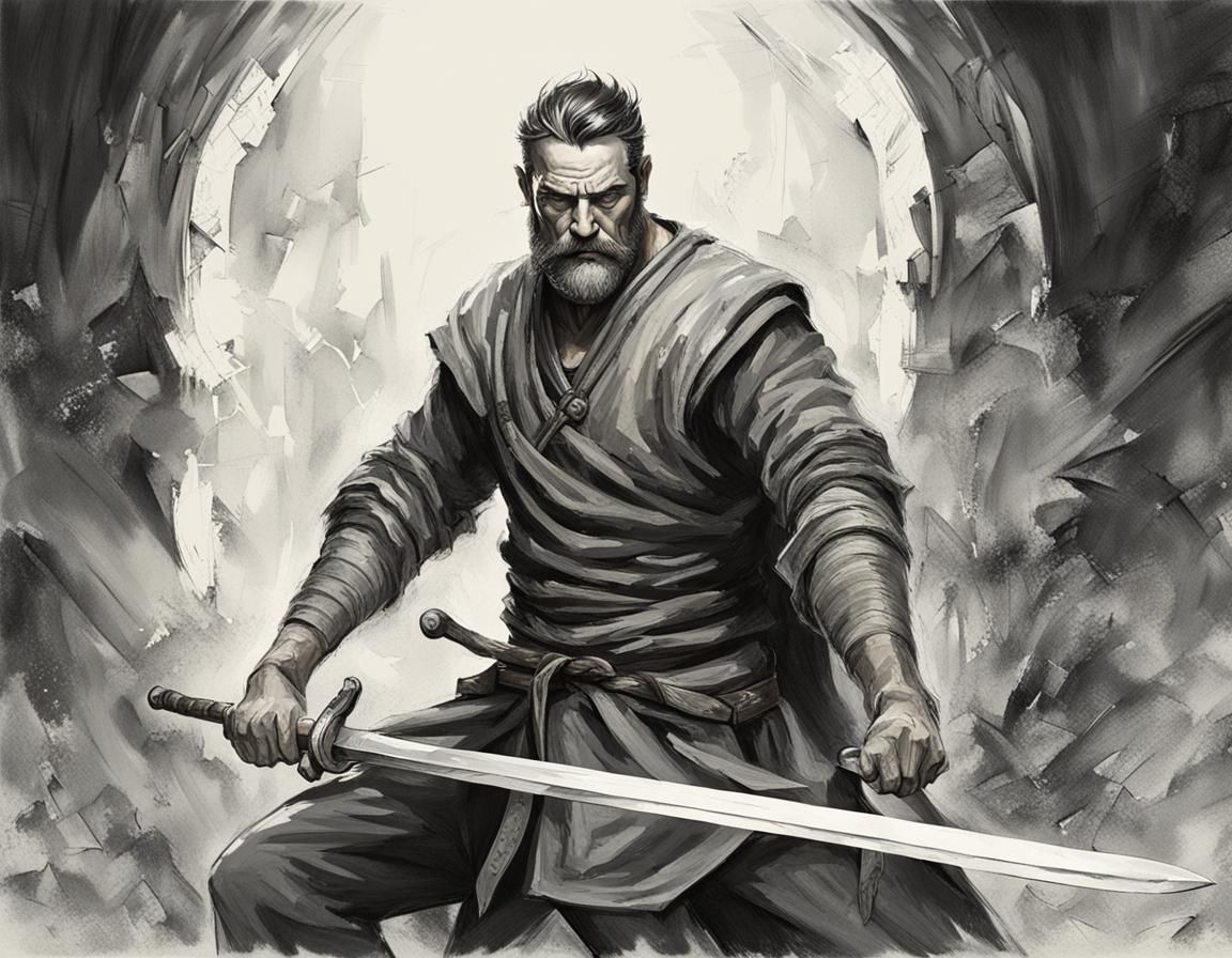 Strong Man Forging Sword in Blacksmith Shop