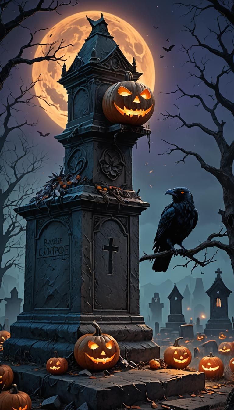 Halloween Jack-O-Lantern and Ghost in Dark Fantasy Style