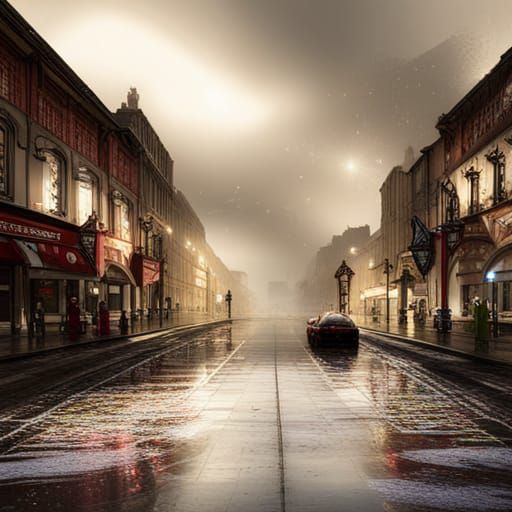 Romantic Spring Street Scene in Rain, Detailed Matte Paintin...