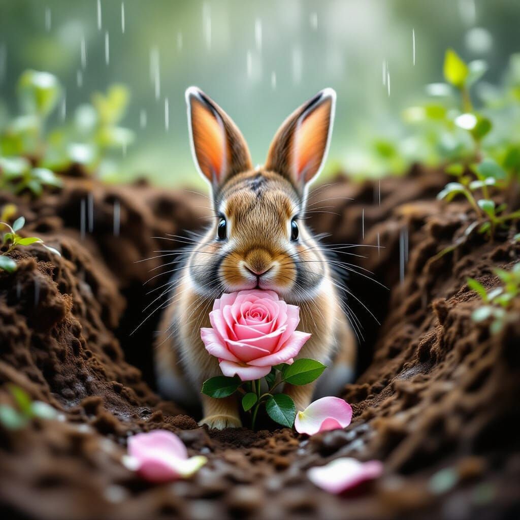 Hyper-Realistic Rabbit with Pink Rose in Rain