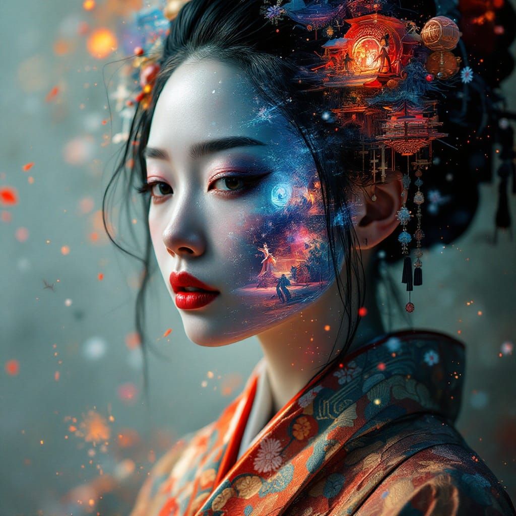 impasto thick brush style version of Double exposure image of beautiful traditional Japanese butoh clothing...